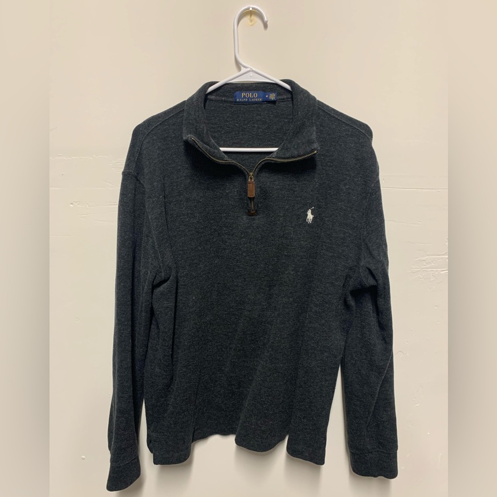 Ralph Lauren Men's Charcoal Quarter 1/4 zip Sweater White Insignia